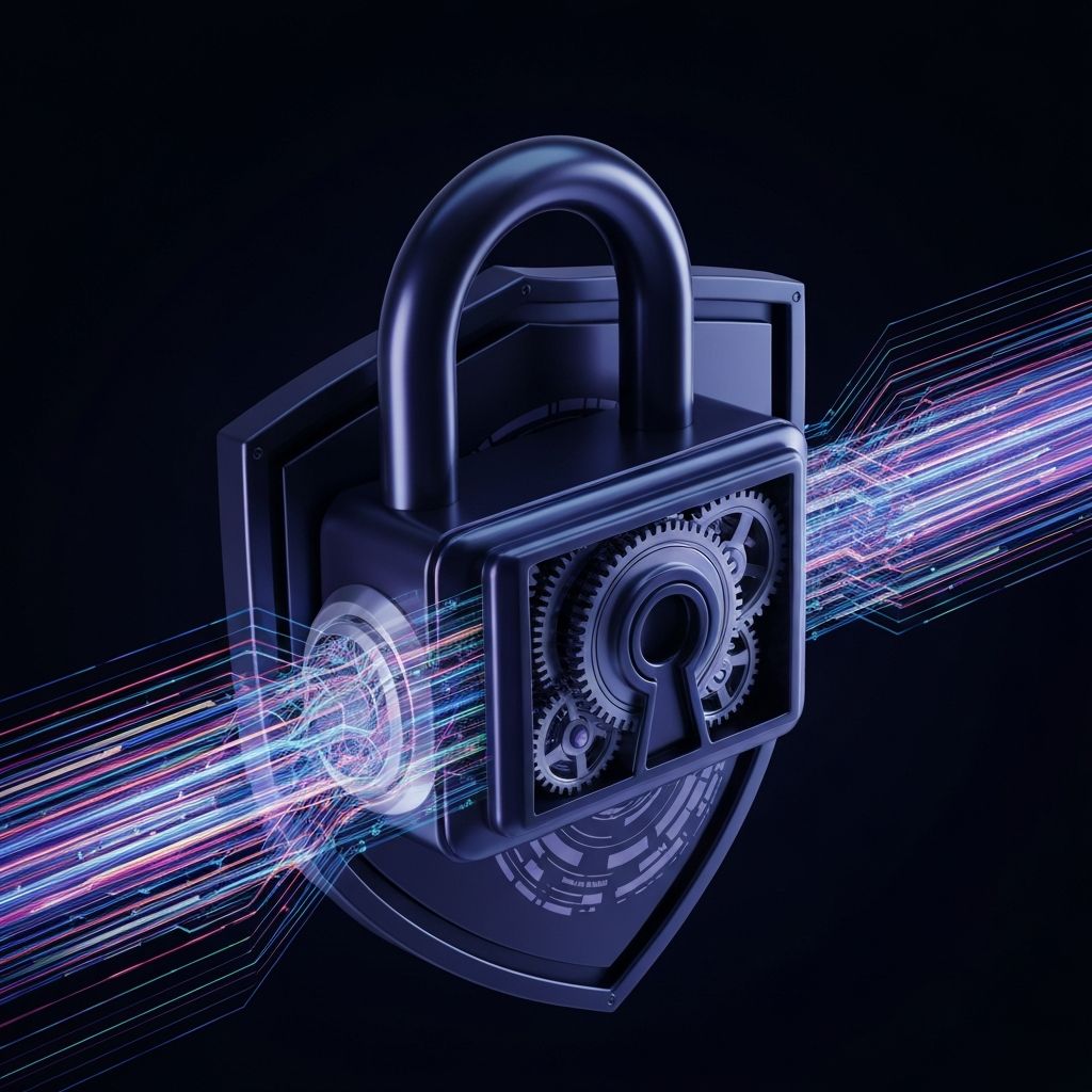 Cybersecurity illustration showing encryption, lock, and shield protecting sensitive data
